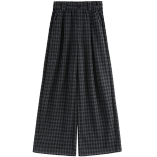 黑灰色格子裤女秋冬加绒裤子加厚毛呢西装裤桑蚕丝羊毛弯刀阔腿裤