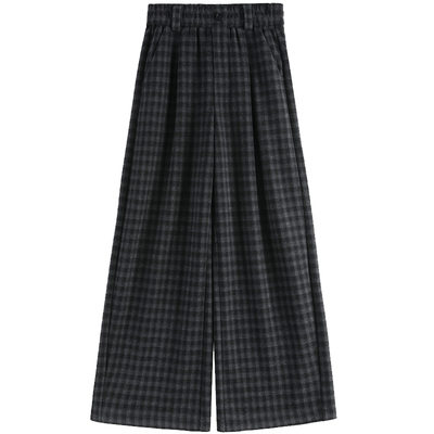 黑灰色格子裤女秋冬加绒裤子加厚毛呢西装裤桑蚕丝羊毛弯刀阔腿裤