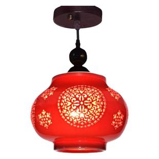 中国红灯笼现代中式景德镇LED陶瓷单头阳台过道玄关吸顶吊灯实木