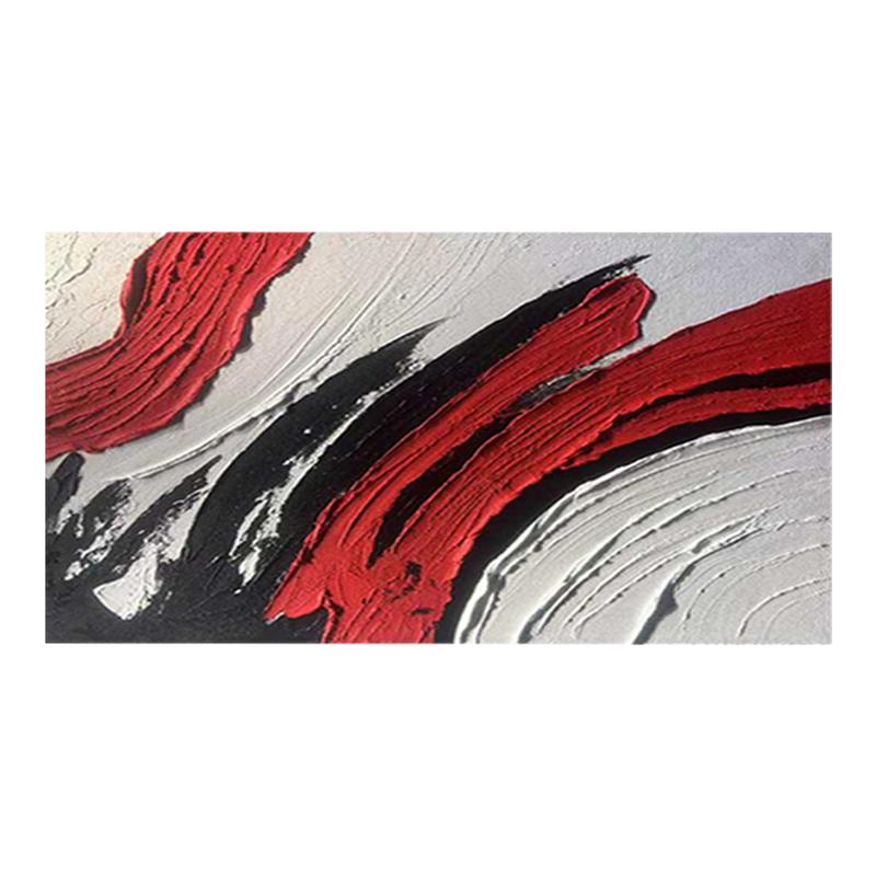 现代手绘油画《招财聚富》红色肌理样板间走廊抽象横板装饰沙发画