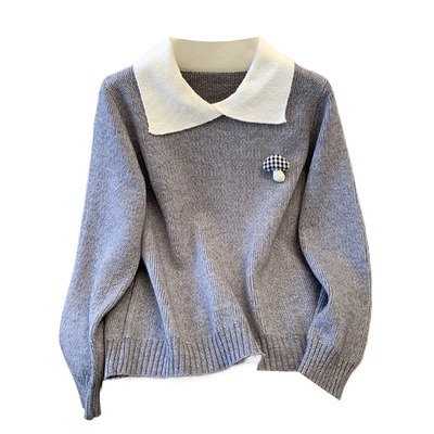 撞色娃娃领毛衣女长袖针织衫上衣