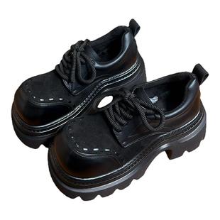 复古真皮松糕厚底小皮鞋女英伦风圆头德比鞋小个子增高加绒乐福鞋