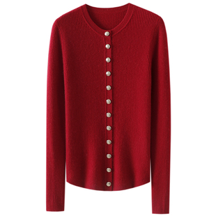 气质与众不同！圆领100%纯山羊绒开衫女纯羊绒毛衣针织衫外套秋冬