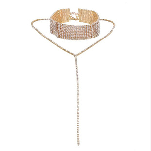 欧美新款夸张镶钻宽版流苏项链 夜店气质闪钻choker颈圈锁骨链女