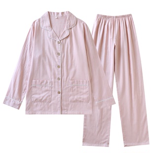 100%纯棉纱布简约纯色系睡衣女士长袖春秋夏季薄款翻领家居服套装