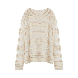 CROWNLESS未冕2025秋新品复古镂空色织小珠片天丝羊毛纱圆领毛衣