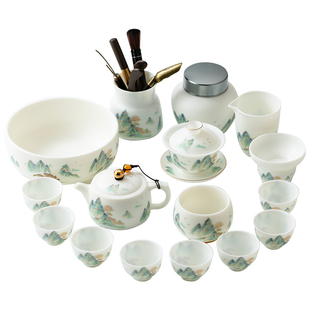 高端羊脂玉瓷山水画功夫茶具家用客厅简约办公室会客茶壶茶杯套装