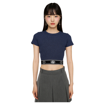 sly撞色织带拼接正肩短款针织T恤