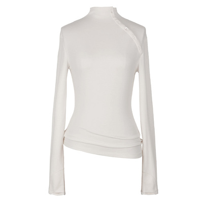 SEEKSIMPLE 冬季纽扣斜门襟高领修身长袖绵羊毛打底衫内搭T恤女