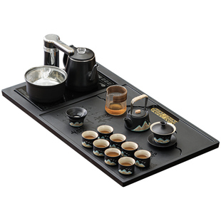 臻惜 2025新款黑陶茶具套装半自动懒人泡茶器玻璃烧水整套石茶盘