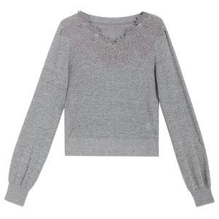 YINER音儿专选2026春季新款Baby羊驼毛混纺蕾丝刺绣V领针织衫