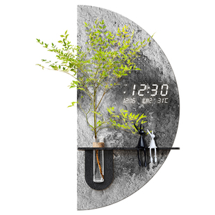 2026新款挂钟侘寂风玄关水培绿植时钟数显万年历电子钟表静音挂墙