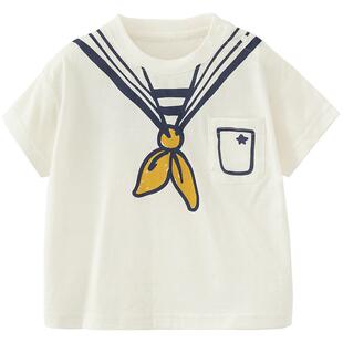 【新品】papa爬爬夏季男女童圆领T恤海军风印花纯棉可爱短袖上衣