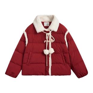紫涵新中式短款蝴蝶盘扣红色羽绒服女冬季新款国风毛绒白鸭绒外套
