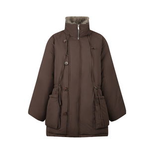 BLUEerror 带毛领抽绳保暖白色中长款羽绒服女加厚大口袋外套冬季