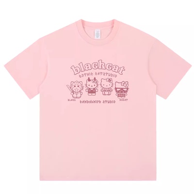 国潮ins甜酷少女粉色宽松短袖