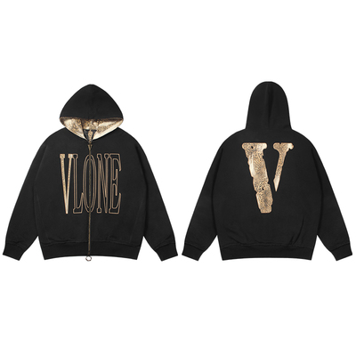 VLONE新款美式复古帽衫豹纹贴布刺绣双层加厚拉链连帽开衫卫衣潮