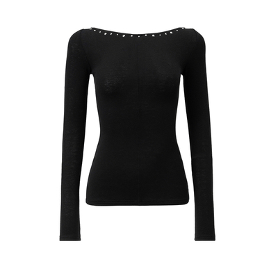 4muggle黑色V领烫钻一字肩上衣