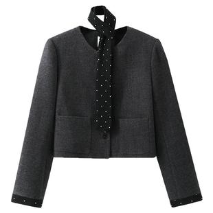 夕蒙2025新款秋冬韩系气质上衣高级感小个子小众短款深灰毛呢外套