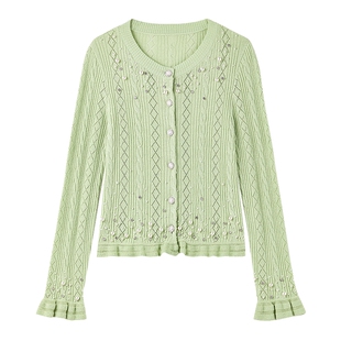 MISSCOCOON可可尼钉珠开衫上衣女2025秋季新款喇叭袖绵羊毛针织衫