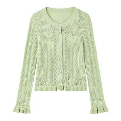 MISSCOCOON可可尼钉珠开衫上衣女2025秋季新款喇叭袖绵羊毛针织衫