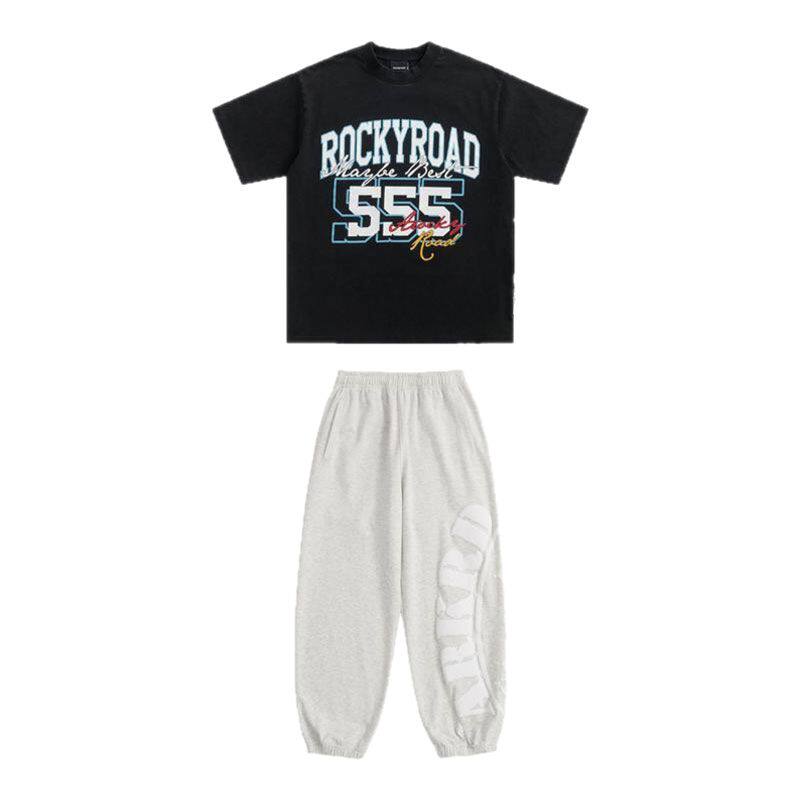ROCKYROAD童装少儿街舞演出服黑色印花短袖套装hiphop街舞潮服