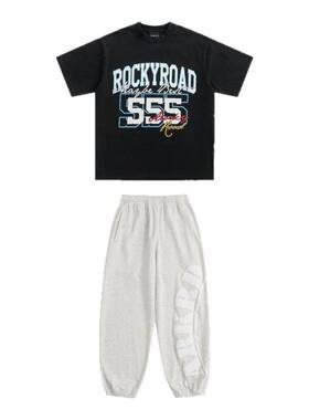 ROCKYROAD童装美式复古街头潮牌字母印花短袖T恤宽松上衣打底衫