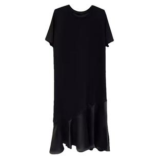 微胖连衣裙夏天宽松遮肉中长款女拼接大码气质黑色胖MM遮肚子长裙