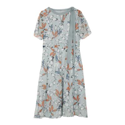 天轩清新印花短袖连衣裙独特V领