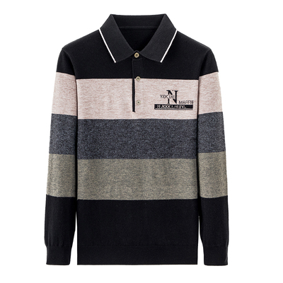 鄂尔多斯市羊毛衫男翻领毛衣男条纹中年春秋长袖针织衫宽松爸爸装