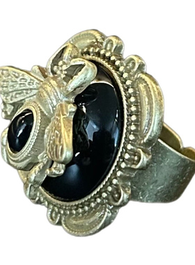 中古vintage饰品轻奢小众设计西洋宫廷蜜蜂复古黑宝石琉璃戒指