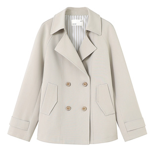 YBAI/亦白 2026春季新款时尚通勤百搭撞条纹里翻领短款风衣外套女