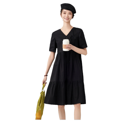 新品V领短袖纯色连衣裙女