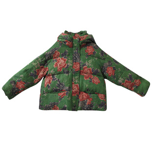 现货【明媚如花】复古绿亚麻印花羽绒服女短款冬季白鸭绒保暖外套