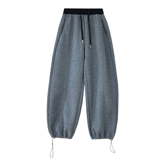 侧拉链口袋灰色加绒卫裤女秋冬加厚宽松显瘦阔腿抽绳束脚运动裤子