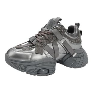 GNC厚底闪钻灰色老爹鞋女2025冬新款百搭加绒保暖增高休闲运动鞋