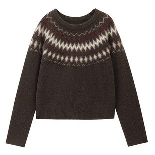 设计师款佐丹奴针织衫女装复古风提花宽松圆领费尔岛毛衣18355619