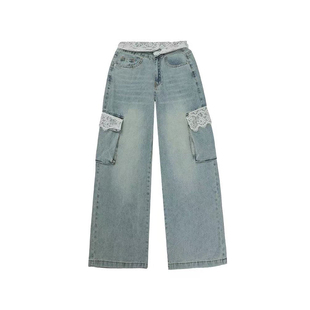 李李服饰高腰翻边蕾丝牛仔裤女2026冬款宽松显瘦多口袋工装阔腿裤