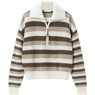 OVV秋冬新款女装羊毛羊绒翻领半开襟经典条纹长袖针织衫