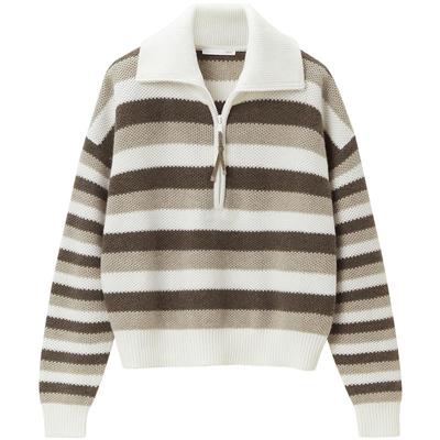 OVV秋冬新款女装羊毛羊绒翻领半开襟经典条纹长袖针织衫