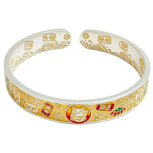 吉言银手镯女9999纯2025新款招财猫珐琅描金银镯子送妈妈生日礼物