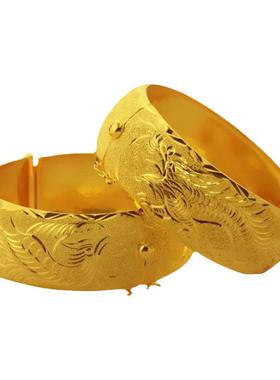 仿真金手镯子沙金龙凤手镯五金结婚礼首饰三金套装假黄金镀可回收