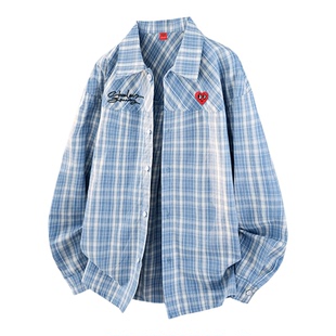 查尔斯桃心印花格子长袖衬衫男女春秋季新款宽松休闲衬衣情侣外套