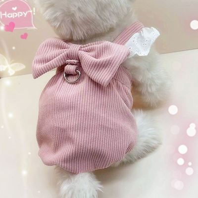 宠物衣服秋冬新款灯芯绒南瓜扣牵引裙裙泰保暖狗狗猫咪蕾丝迪熊比