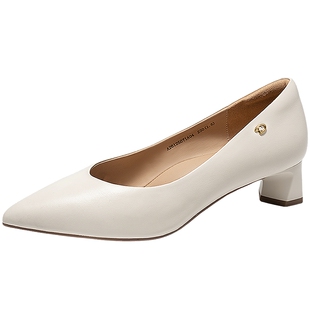 千百度裸色粗跟浅口单鞋女2026春季新款尖头通勤小皮鞋舒适高跟鞋