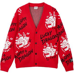 杰克琼斯2024秋季龙年新年款针织衫红色织花图案V领开衫毛衣男装