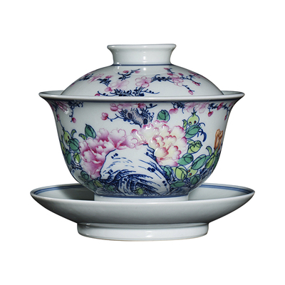 钟家窑盖碗柴窑青花斗彩花鸟