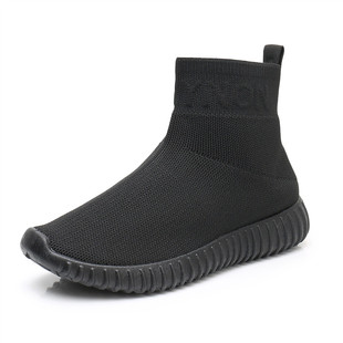 袜子鞋女冬潮鞋子加绒弹力飞织保暖女鞋运动高帮鞋休闲瘦瘦短靴子