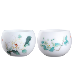 妙莲天香张丽娇大师手绘羊脂玉瓷对杯主人杯 高端茶杯礼盒装送礼