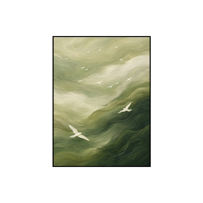 大芬村手绘渐变青绿山林飞鸟油画